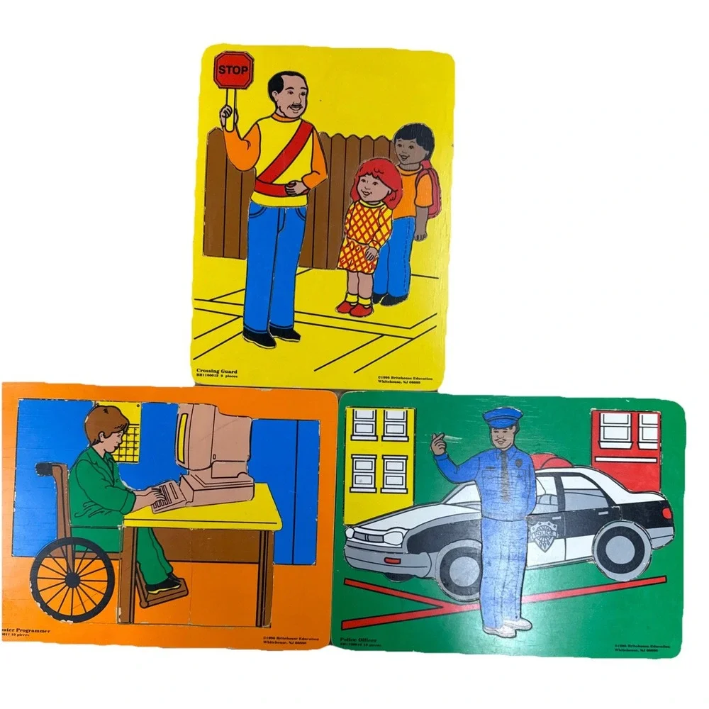 3 Educational Wood Puzzles Kids Education 1998 Vintage Britehouse Career‎